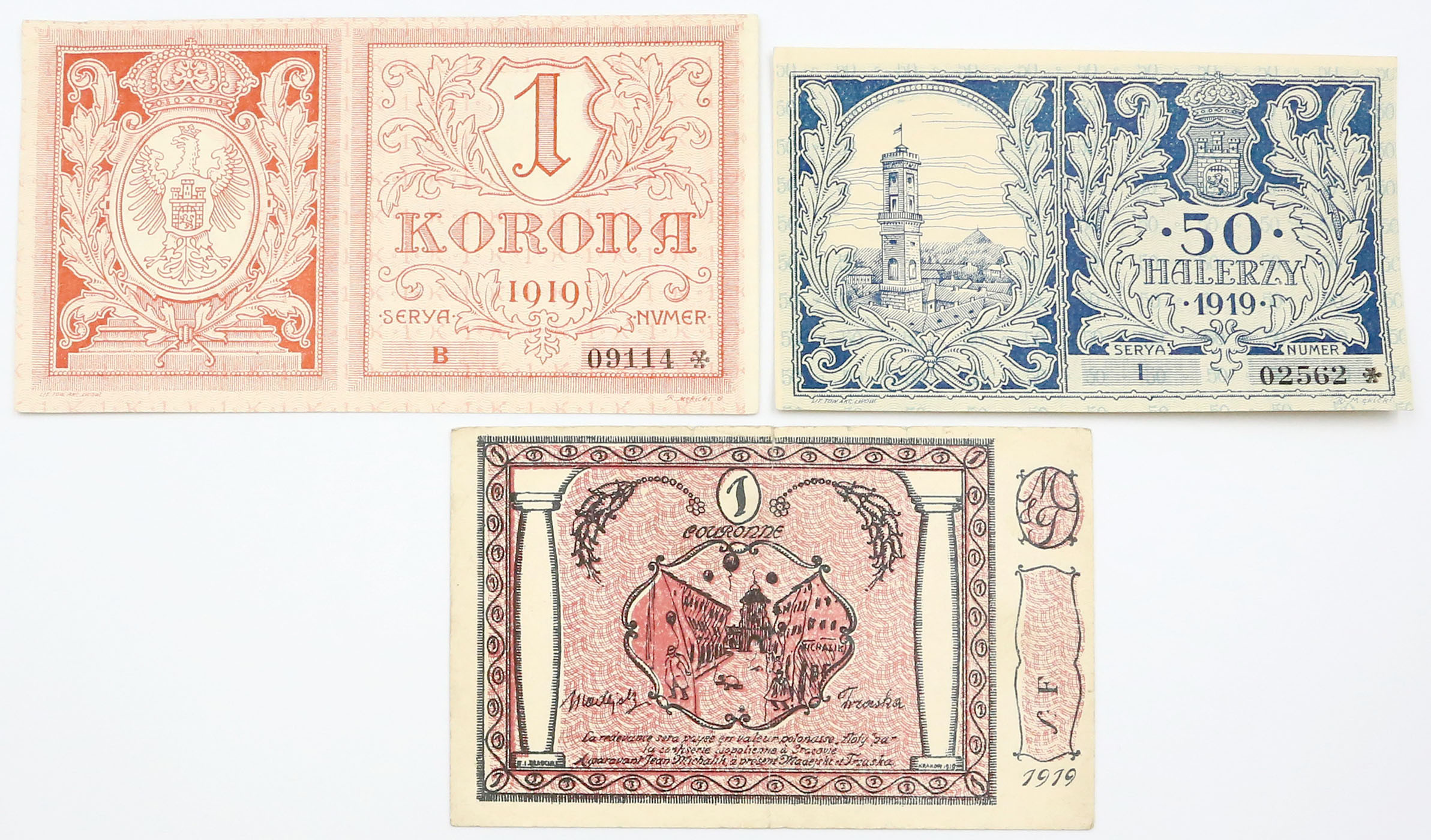 Lwów, Kraków. 50 halerzy do 1 korony 1919, zestaw 3 banknotów - RZADKIE